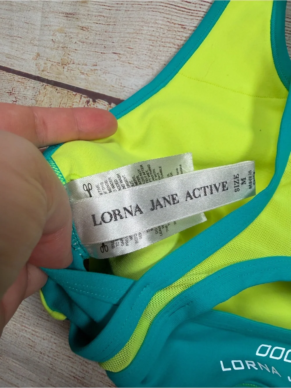 Lorna Jane Teal & Neon Lime Racerback Sports Bra - workout, running, lifting